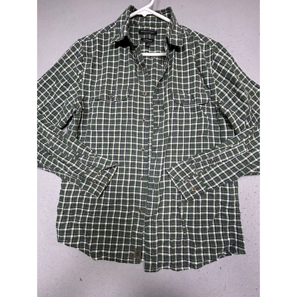 Banana Republic Untucked Slim Fit Luxe Flannel Green Plaid Cotton Small Mens